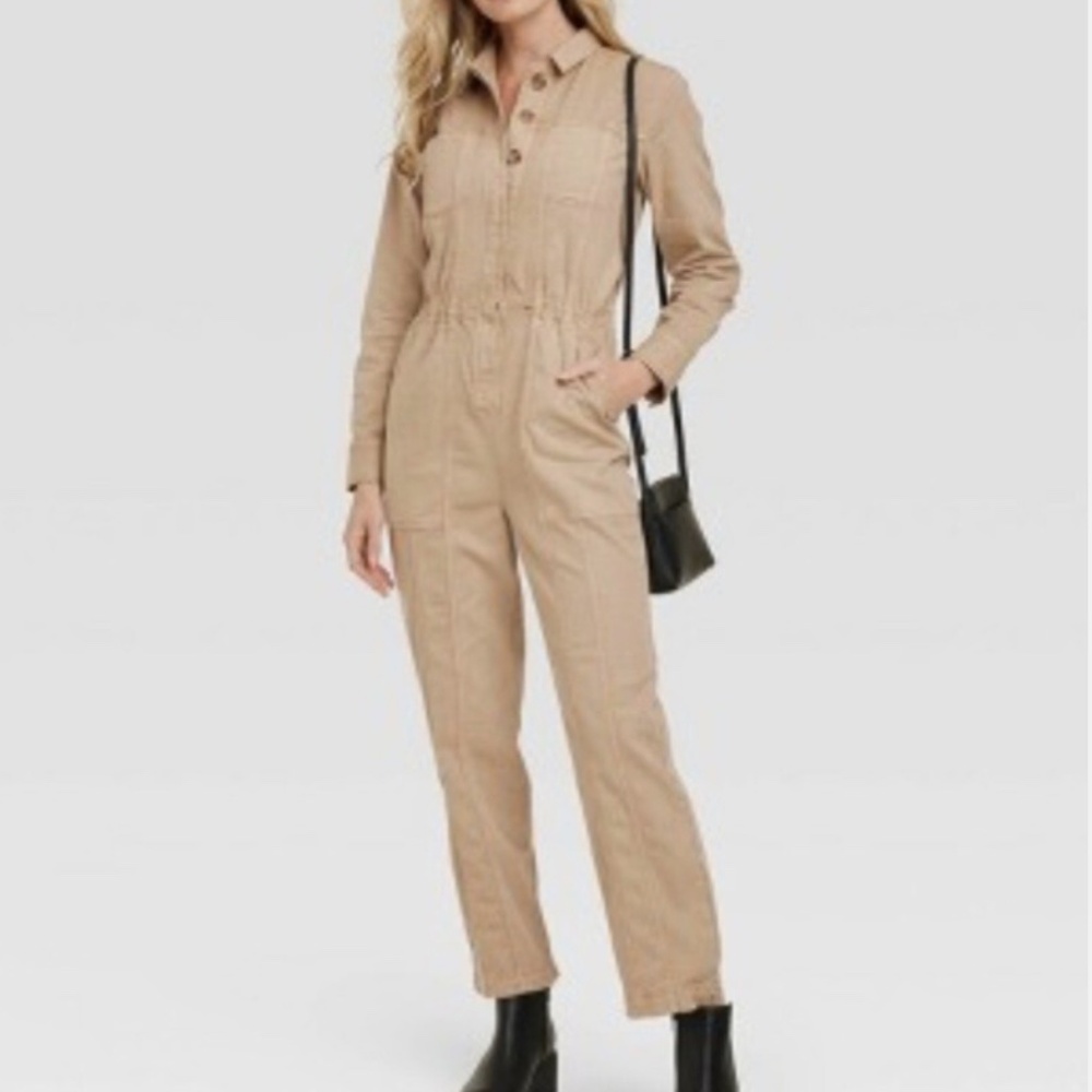 Universal Thread Tan Jumpsuit Button Up Long Slee… - image 1